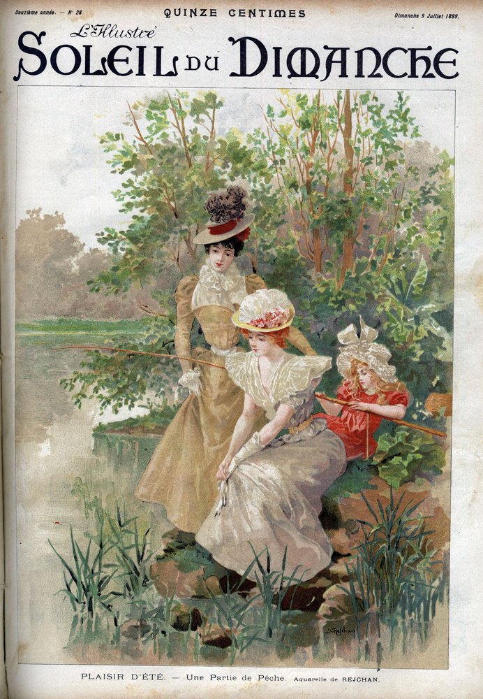 Divertimenti estivi: donne che giocano a pesca. Incisione in "Le soleil-du-dimanche", 9 luglio da Unknown artist