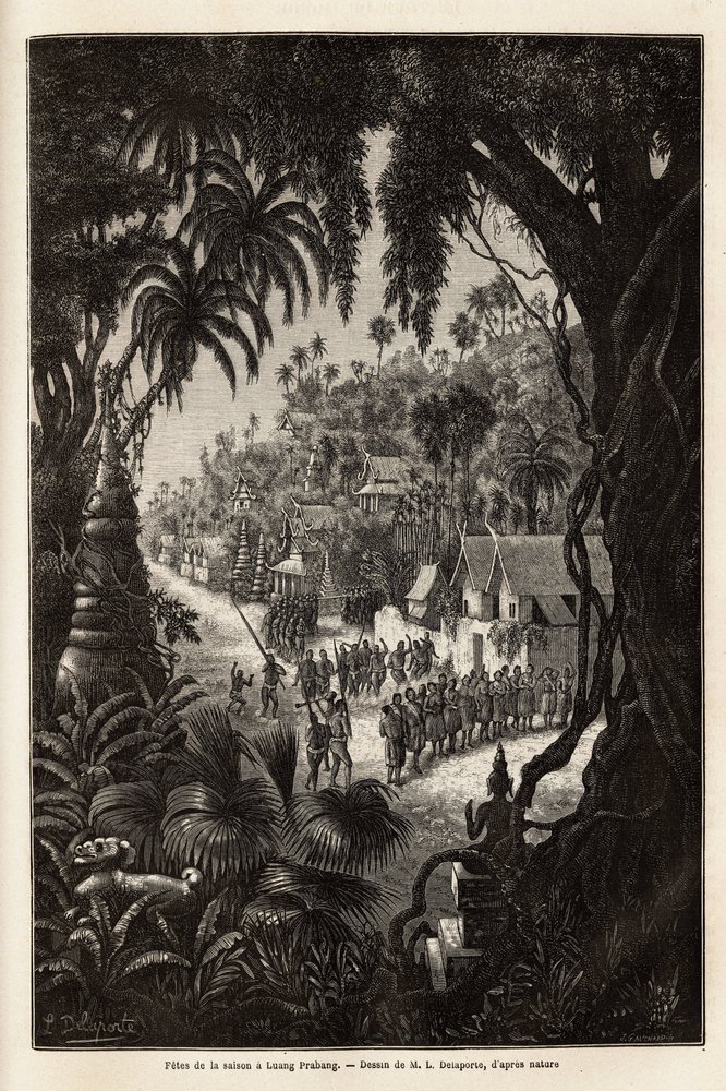 Le celebrazioni stagionali a Luang Prabang, capitale reale di Lan Xang (regno dei milioni di elefanti) (attuale Laos), consistenti in una processione degli abitanti e una pagoda di culto per tutta la città. Incisione per illustrare un viaggio di esplorazio da Unknown artist