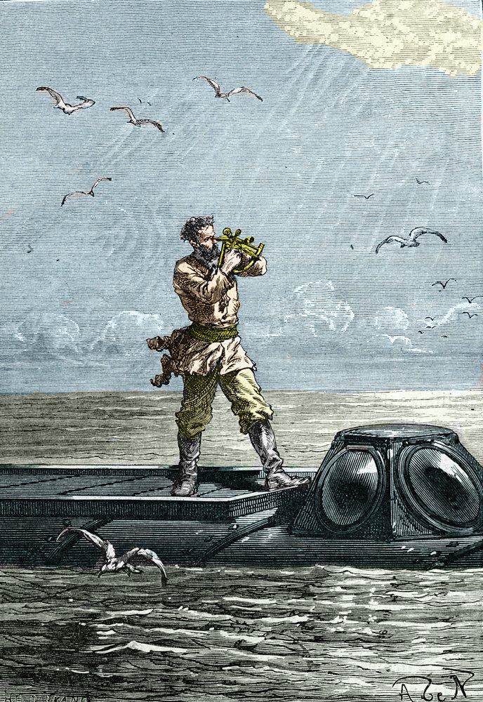 20.000 leghe sotto i mari. Capitano Nemo sul sottomarino "Nautilus". Illustrazione dal romanzo di Jules Verne "Ventimila leghe sotto i mari" da Unknown artist