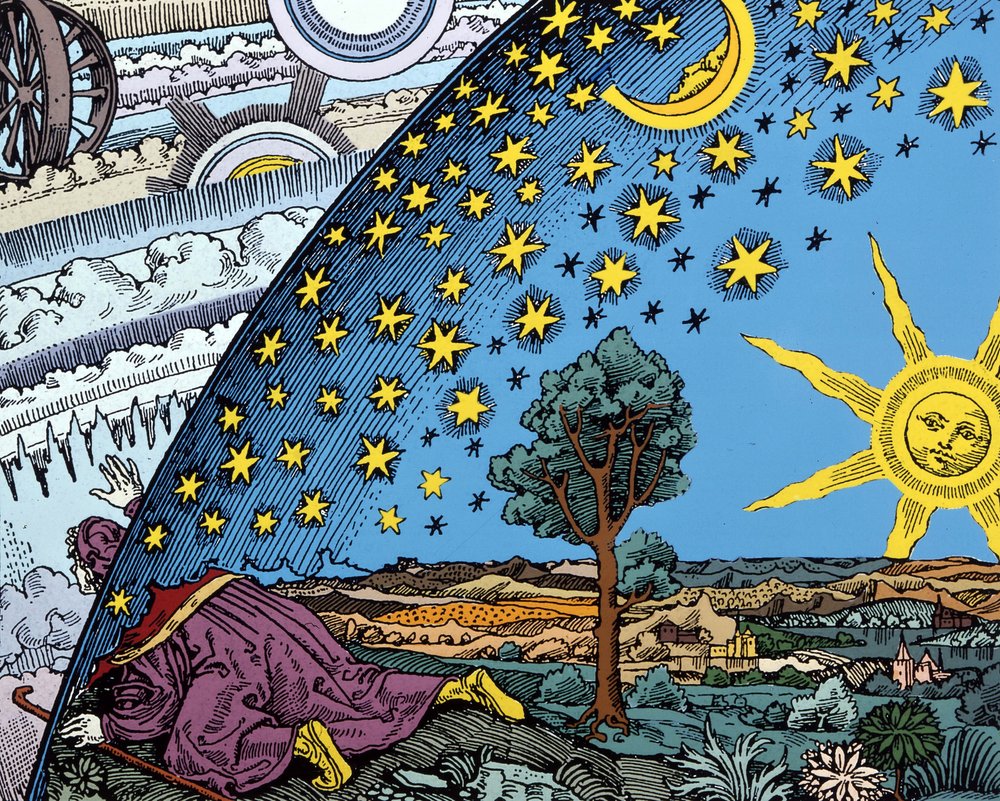 Rappresentazione fantastica del sistema mondiale nel mezzo del Medioevo. Immagine italiana del XVIII secolo in 