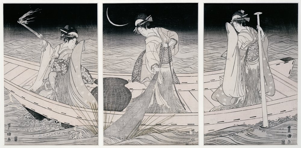 Tre donne su una barca che pescano alla luce della lampada da Utagawa Toyokuni