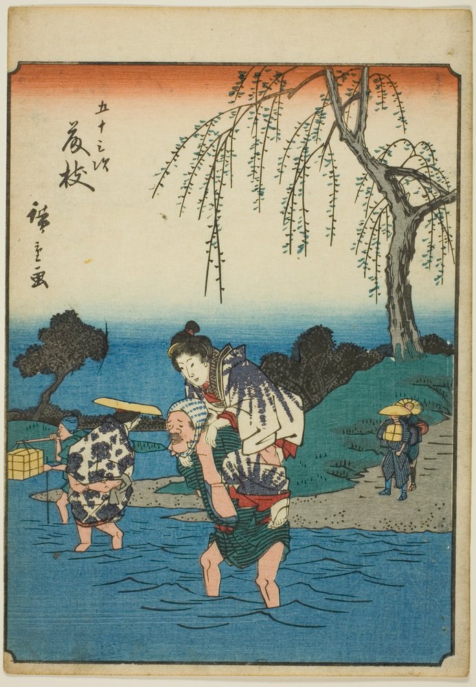 Fujieda, dalla serie "Le cinquantatré stazioni [del Tokaido] (Gojusan tsugi)," anche conosciuta come il Tokaido delle figure (Jinbutsu Tokaido) da Utagawa Hiroshige