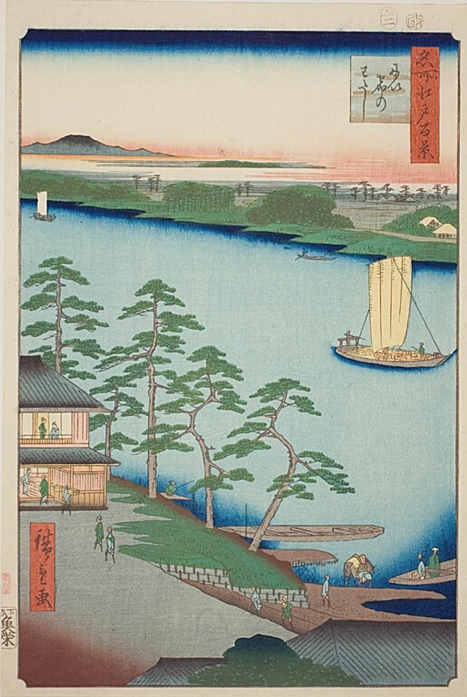 Traghetto di Niijuku (Niijuku no watashi), n. 93 della serie "Cento vedute famose di Edo (Meisho Edo hyakkei)". da Utagawa Hiroshige