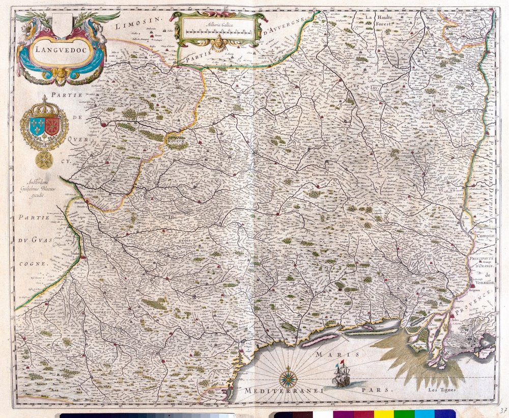 Carta della Linguadoca - Rossiglione - Montpellier - Tolosa - Avignone - Arles, in "Theatrum Orbis Terrarum, sive Atlas Novus" di Willem Blaeu, Amsterdam. da Willem Blaeu