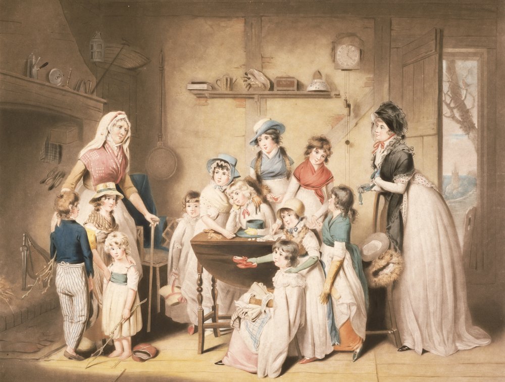Gli orfani del marinaio, o La sottoscrizione delle giovani signore, inciso da William Ward (1766-1826), pub.1800 da William Redmore Bigg