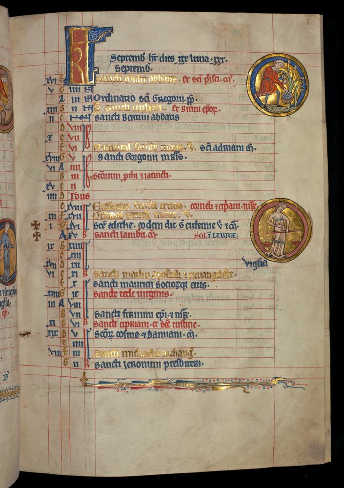 Ms 322 f.5r, Settembre, un uomo che raccoglie frutta, illustrazione dal 