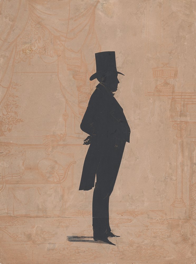 Silhouette di un uomo sconosciuto con cilindro e frac, 1828-83