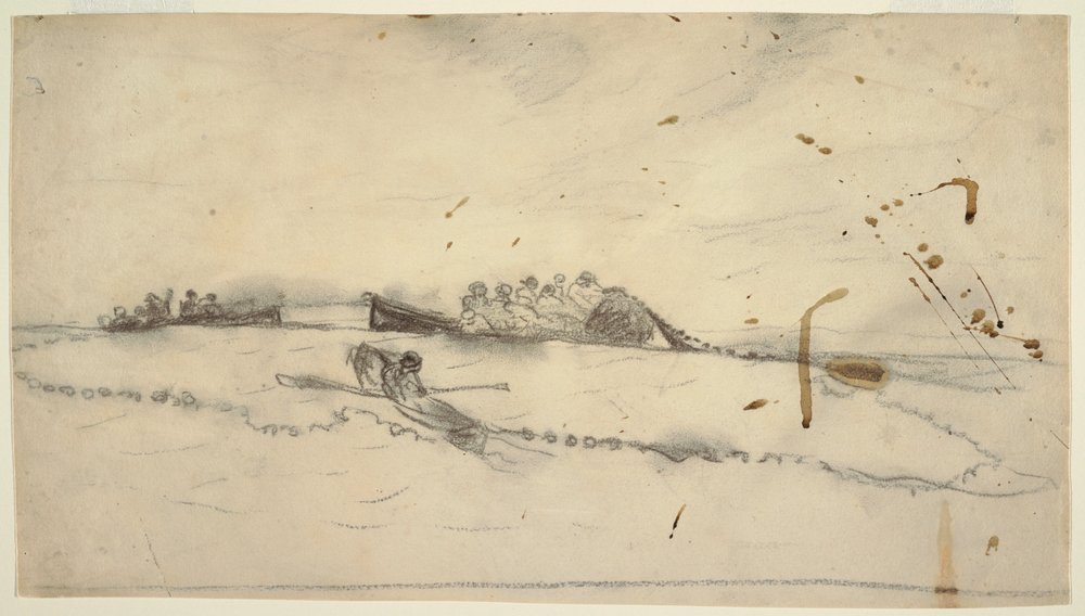Disegno, tre barche con pescatori che stendono una rete, 1881-82