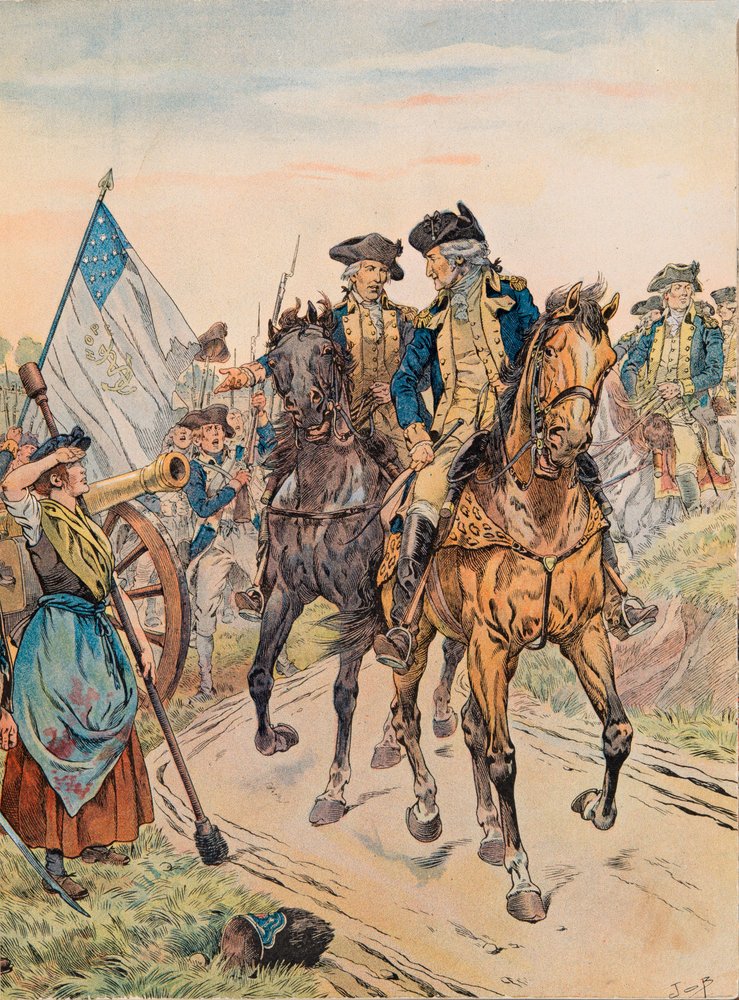 Georges Washington passa Molly Pitcher durante la battaglia di Monmouth il 28 giugno 1778 durante la guerra d