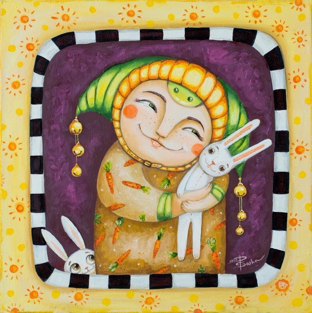 Personaggio sorridente e coniglietti da Aleksandra Paranchenko