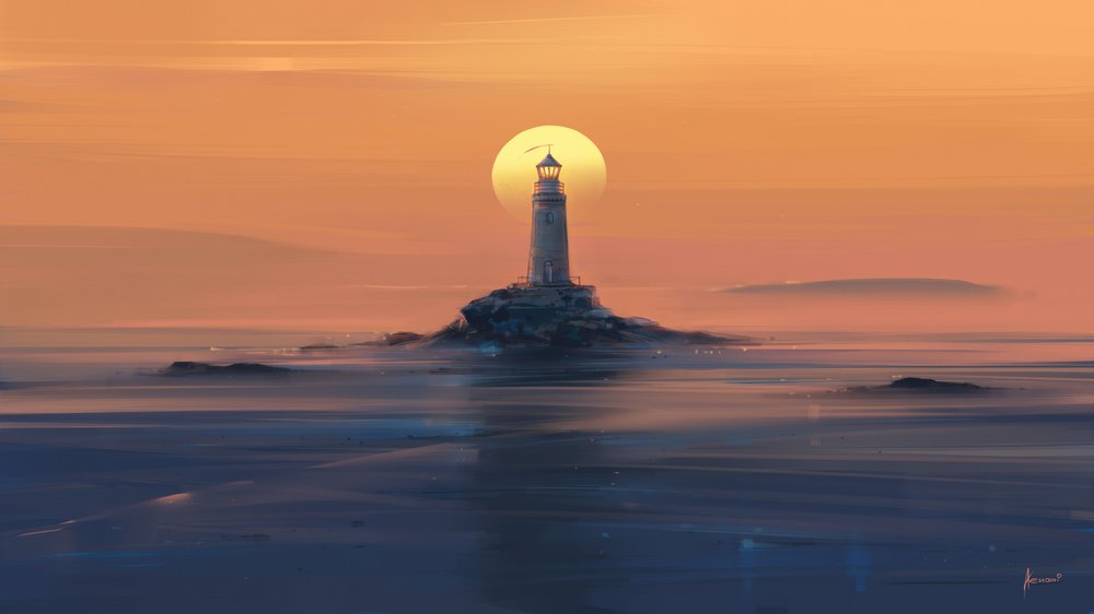 Tramonto al Faro Dorato da Alena Aenami