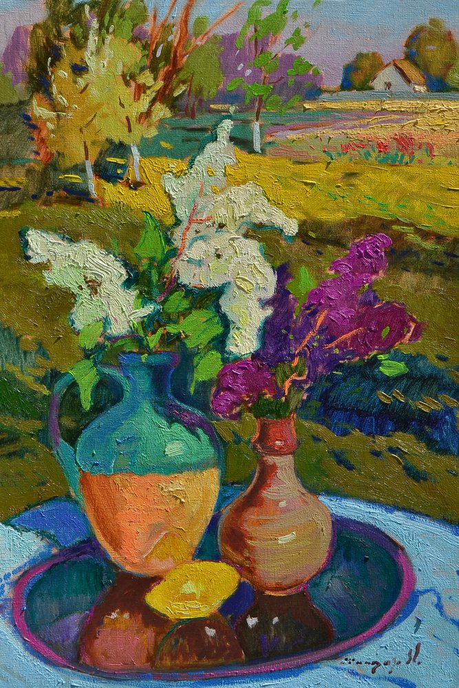 Paesaggio con natura morta dai vivaci toni lilla da Alexander Shandor