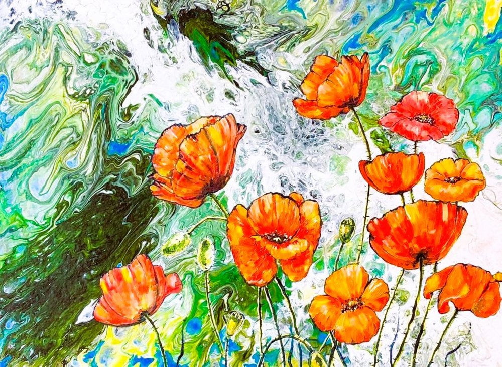 Giardino dai papaveri dai colori vivaci da Anda Bieza