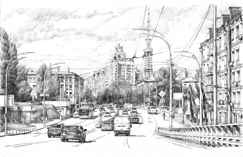 Schizzo di una strada urbana affollata da Andrii Kutsachenko