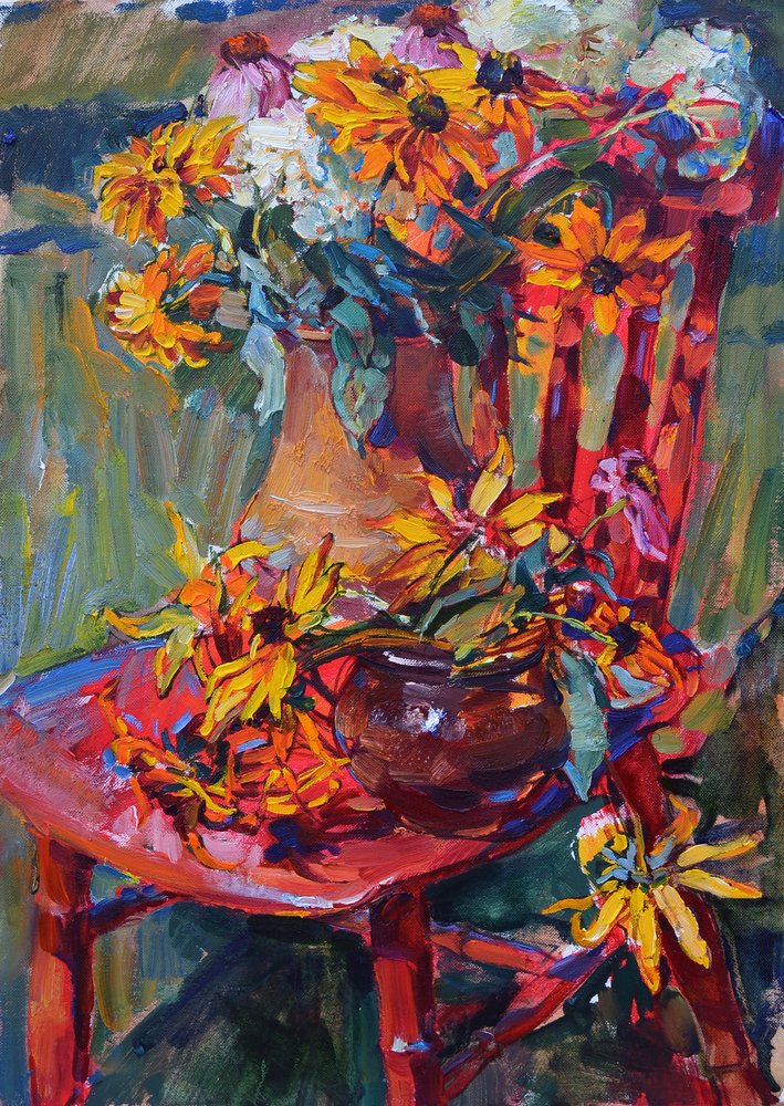 Sedia rossa con fiori gialli da Andrii Kutsachenko