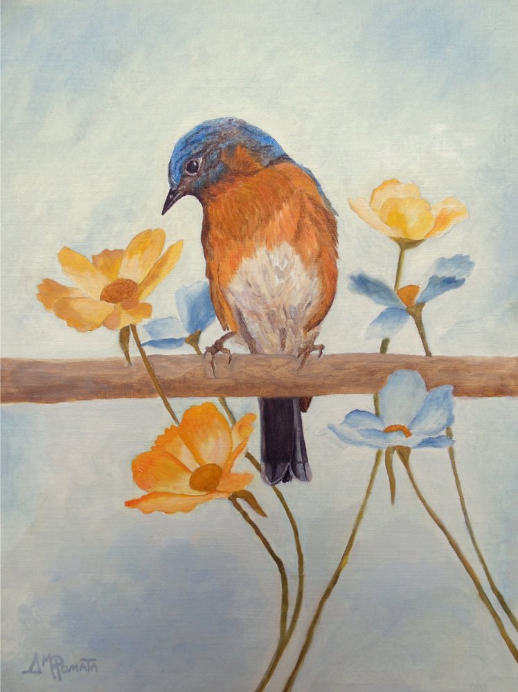 Uccello azzurro primaverile e fiori da Angeles M. Pomata