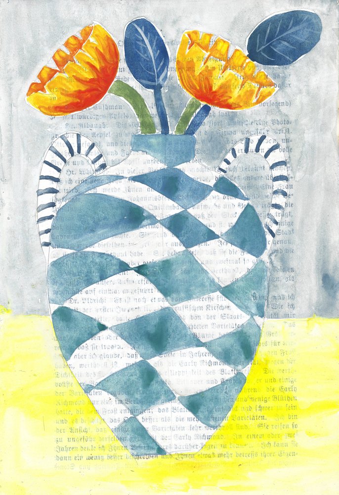 Vaso a scacchi con fiori arancioni da Annick