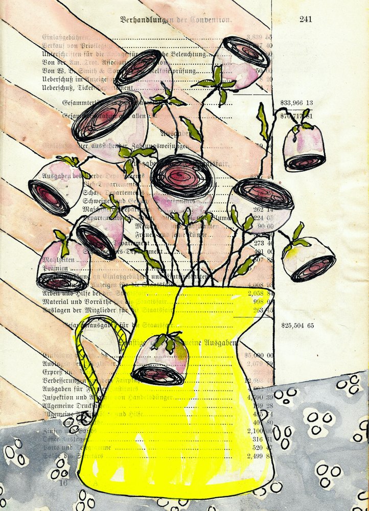 Vaso giallo con fiori rosa da Annick