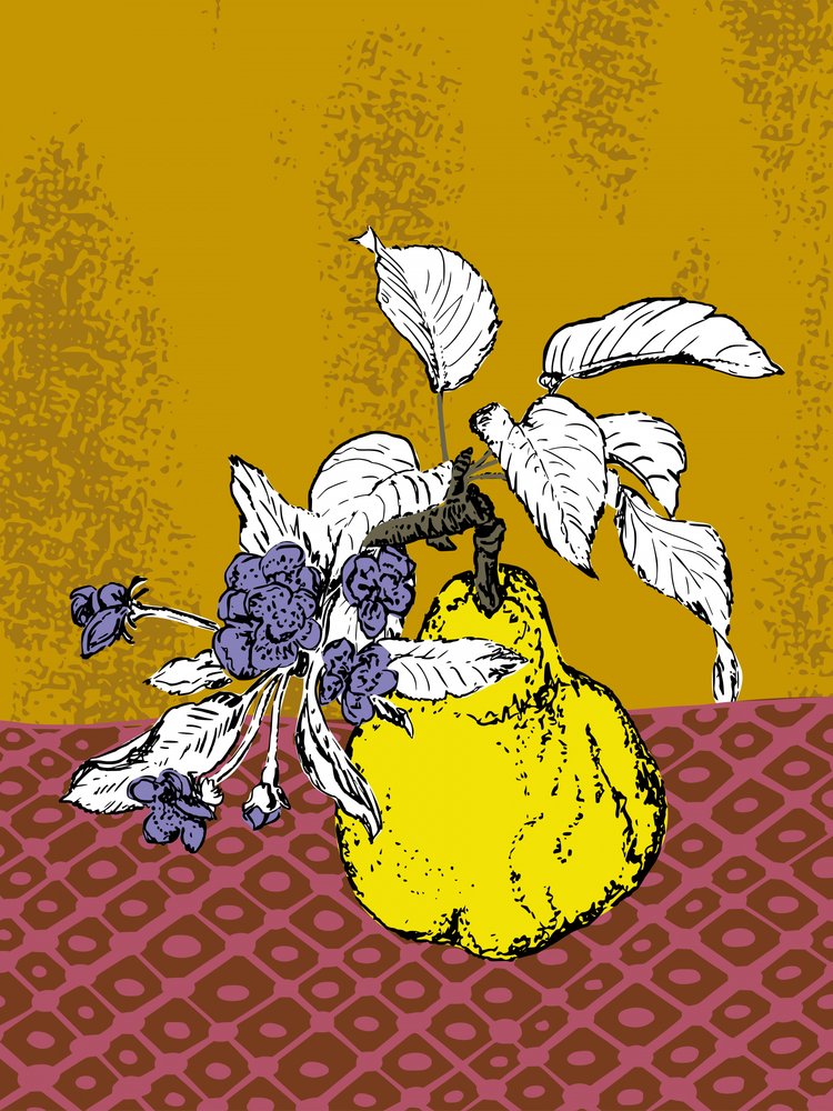 Mele cotogne e fiori viola da Annick