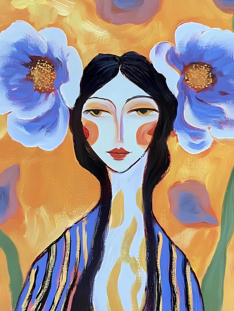 Donna boho con fiori blu da Avanesova Elena