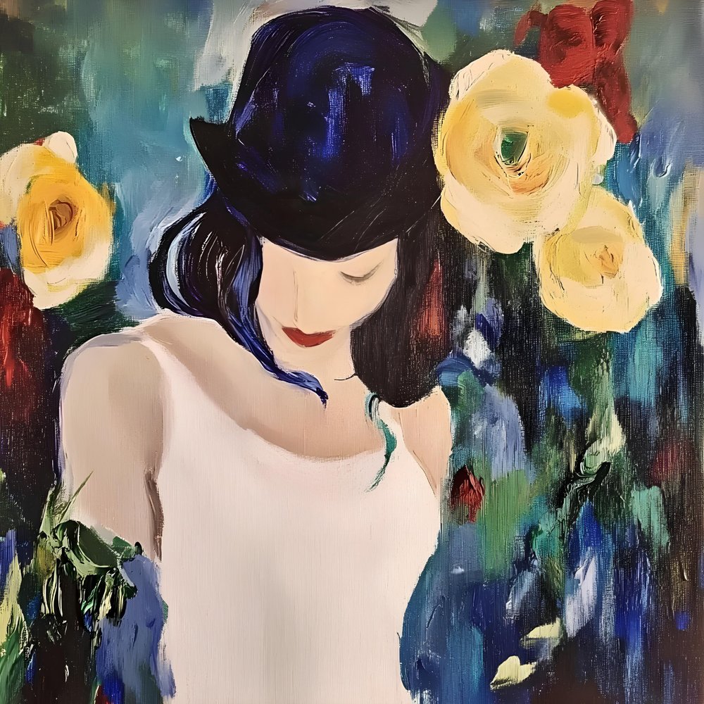 Donna con cappello e rose da Avanesova Elena