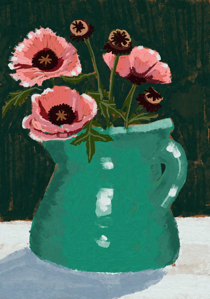 Papaveri rosa in un vaso verde da Charlotte Trudgett