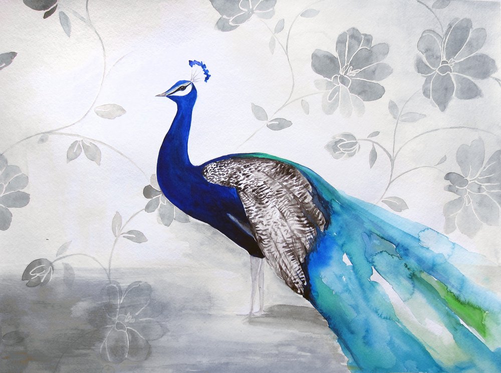 Elegante motivo floreale con pavoni blu da Christine Lindstrom