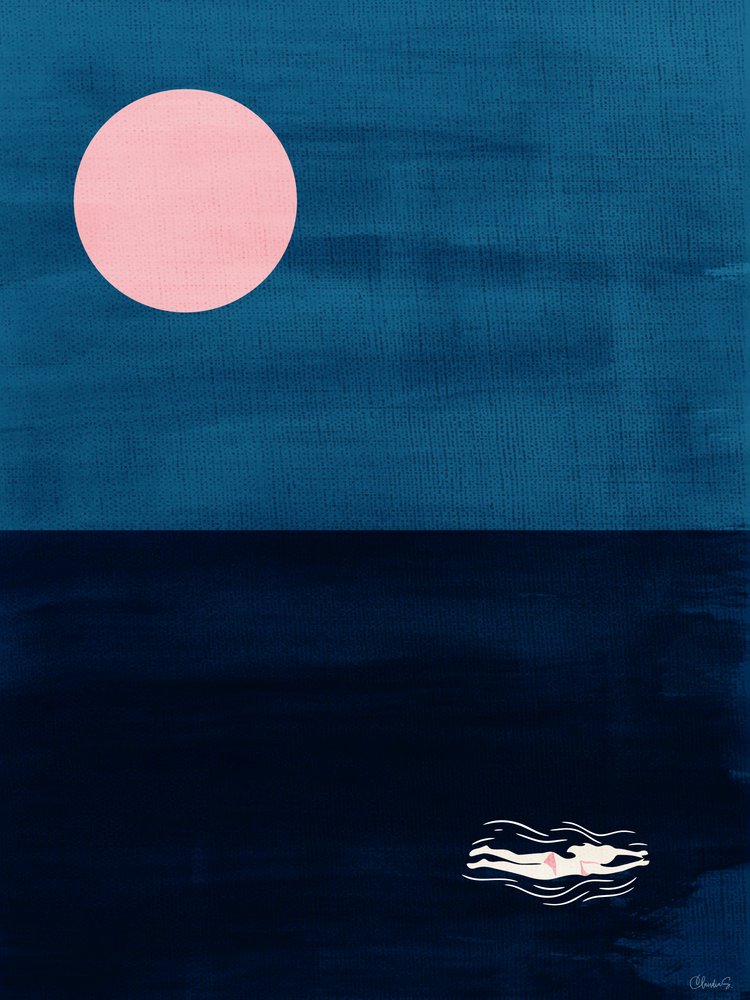Stampa artistica astratta "Midnight Swim Pink Moon" con motivo oceanico da Claudia Spano'
