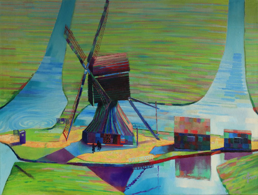 Paesaggio con mulino a vento dai colori vivaci da Corné Akkers