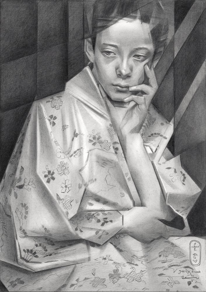 Ragazza in kimono pensierosa da Corné Akkers