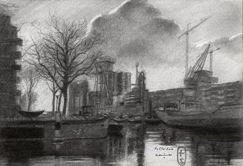 Schizzo del porto invernale di Rotterdam da Corné Akkers