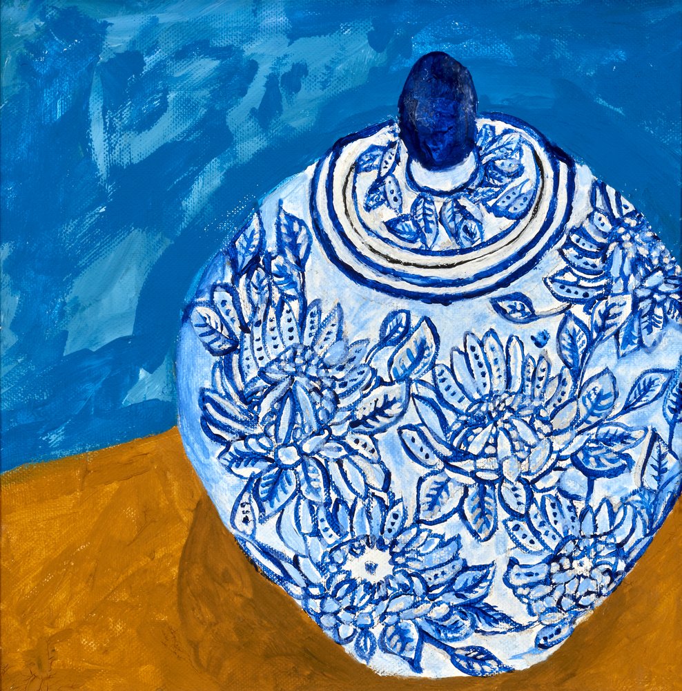 Elegante vaso blu a motivi floreali da Dale Hefer & Family