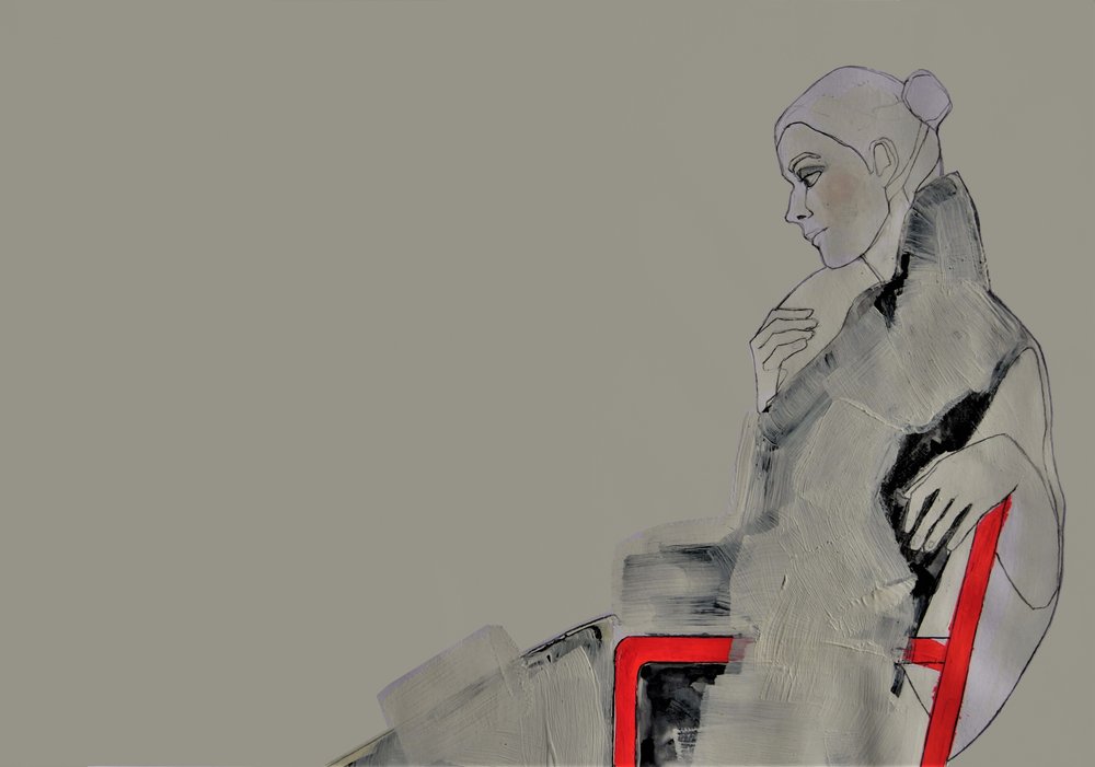 Donna contemplativa in rosso da Doris Schmitz