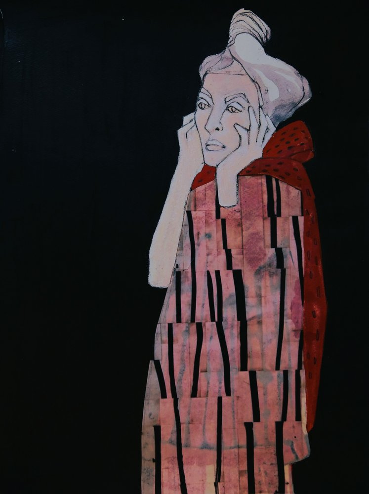 Donna pensierosa in rosso da Doris Schmitz