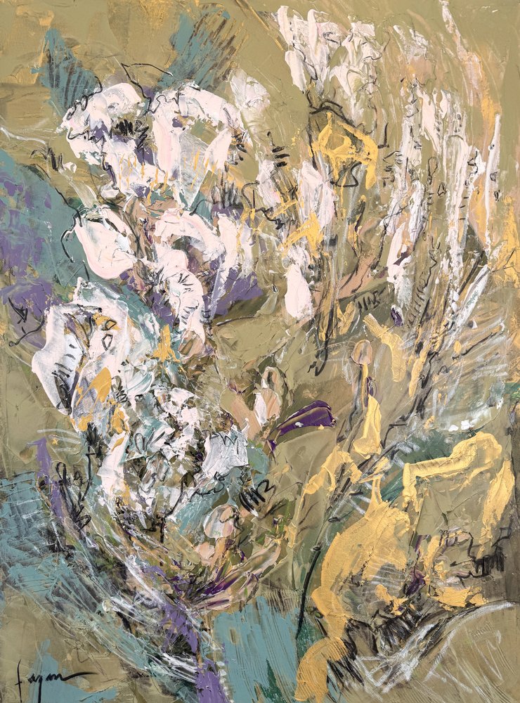 Fiori verdi, dorati e astratti da Dorothy Fagan