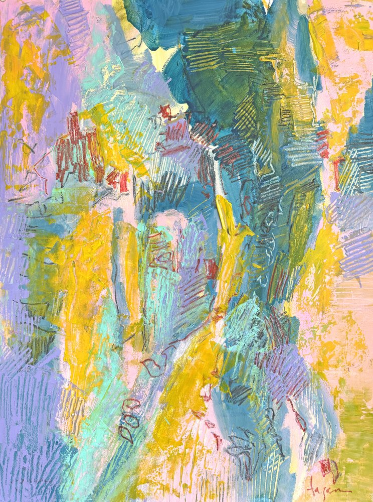 Giallo vivace, blu, astratto da Dorothy Fagan