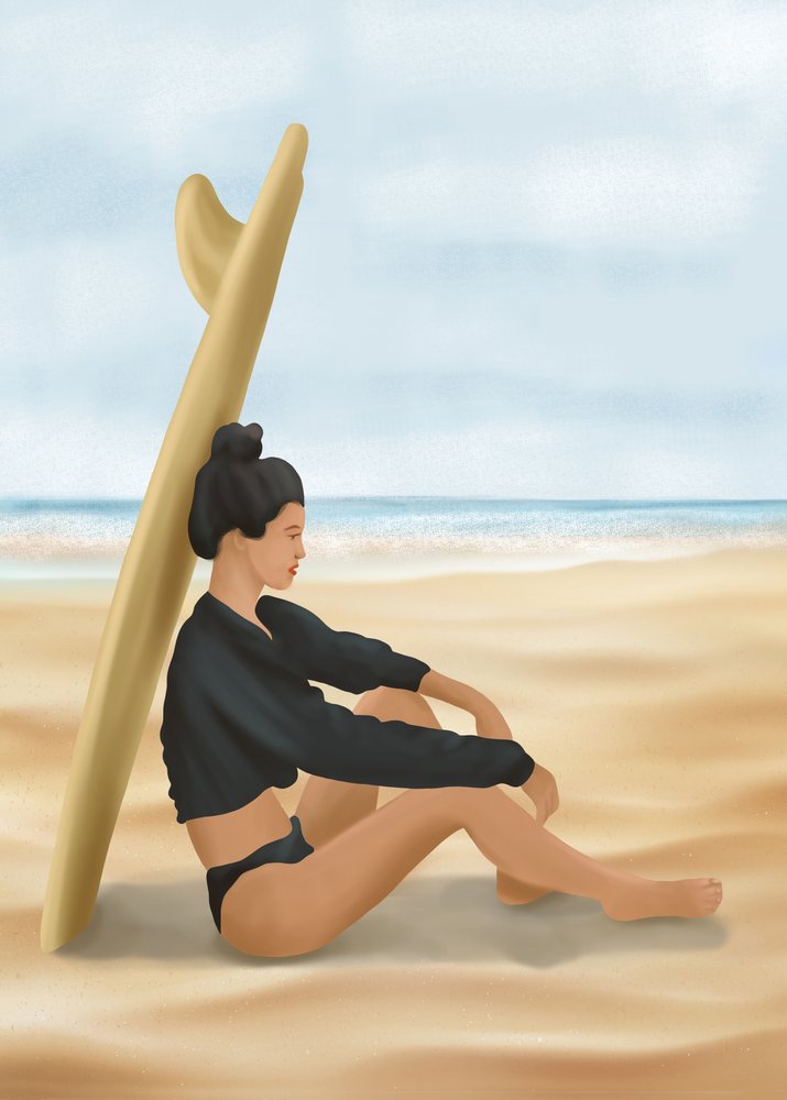Donna sulla spiaggia che fa surf da Flow Line