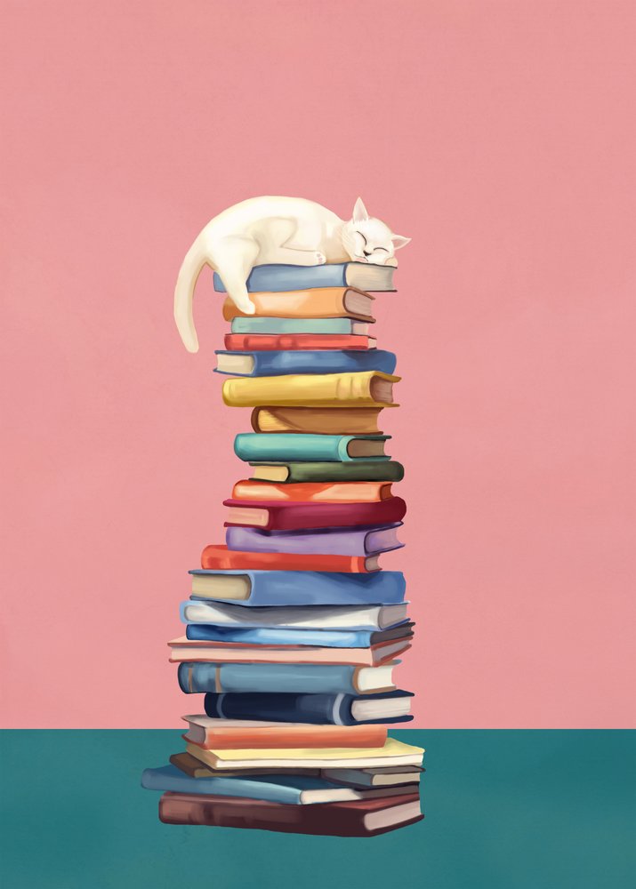 Gattino coccolone su libri colorati da Flow Line