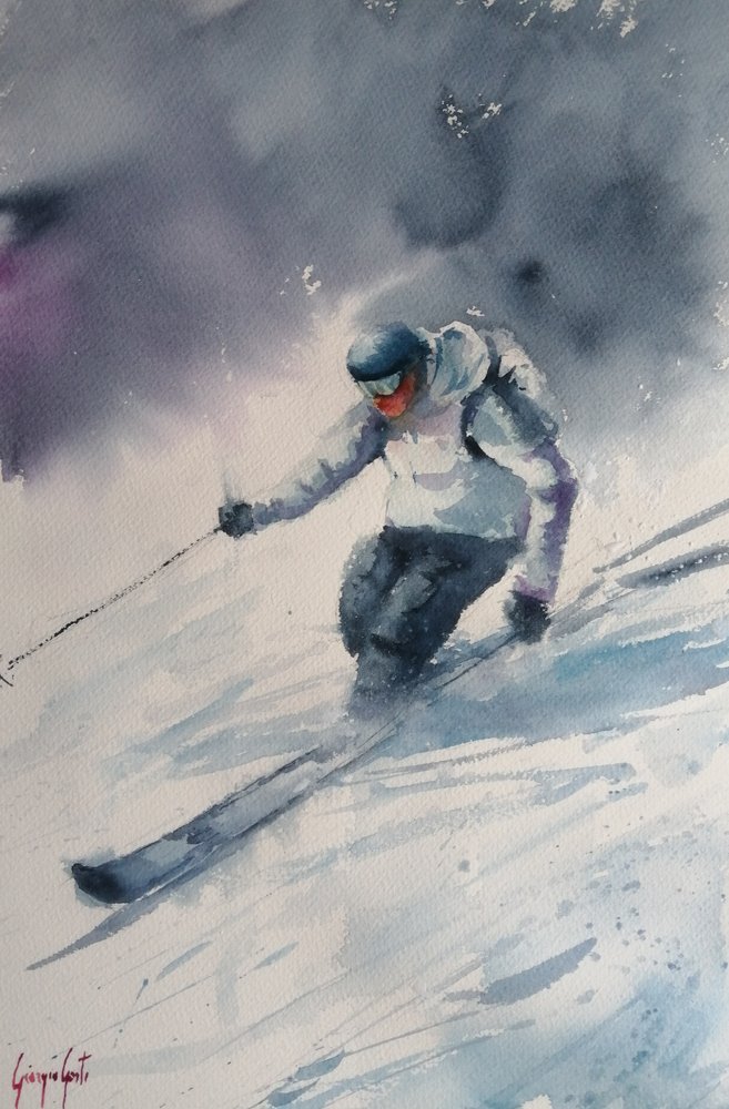 Dipinto raffigurante uno sciatore di montagna da Giorgio Gosti