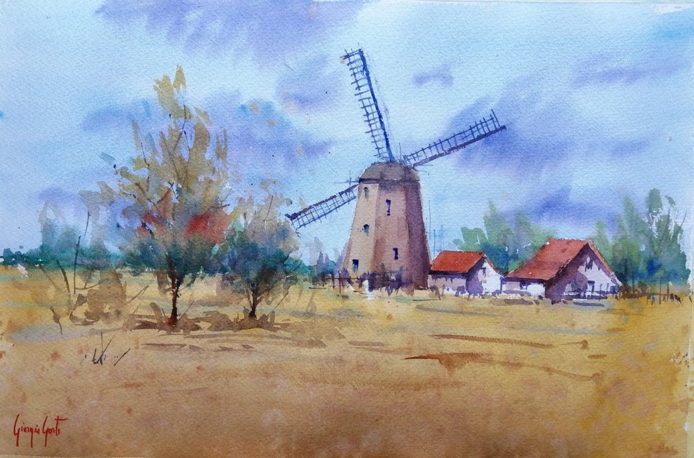 Paesaggio con mulino a vento in stile rustico da Giorgio Gosti