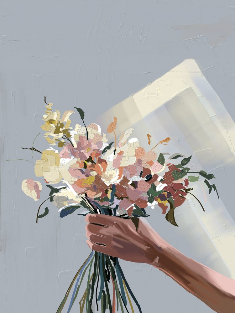 Mano che regge fiori pastello da Jenna Alheit