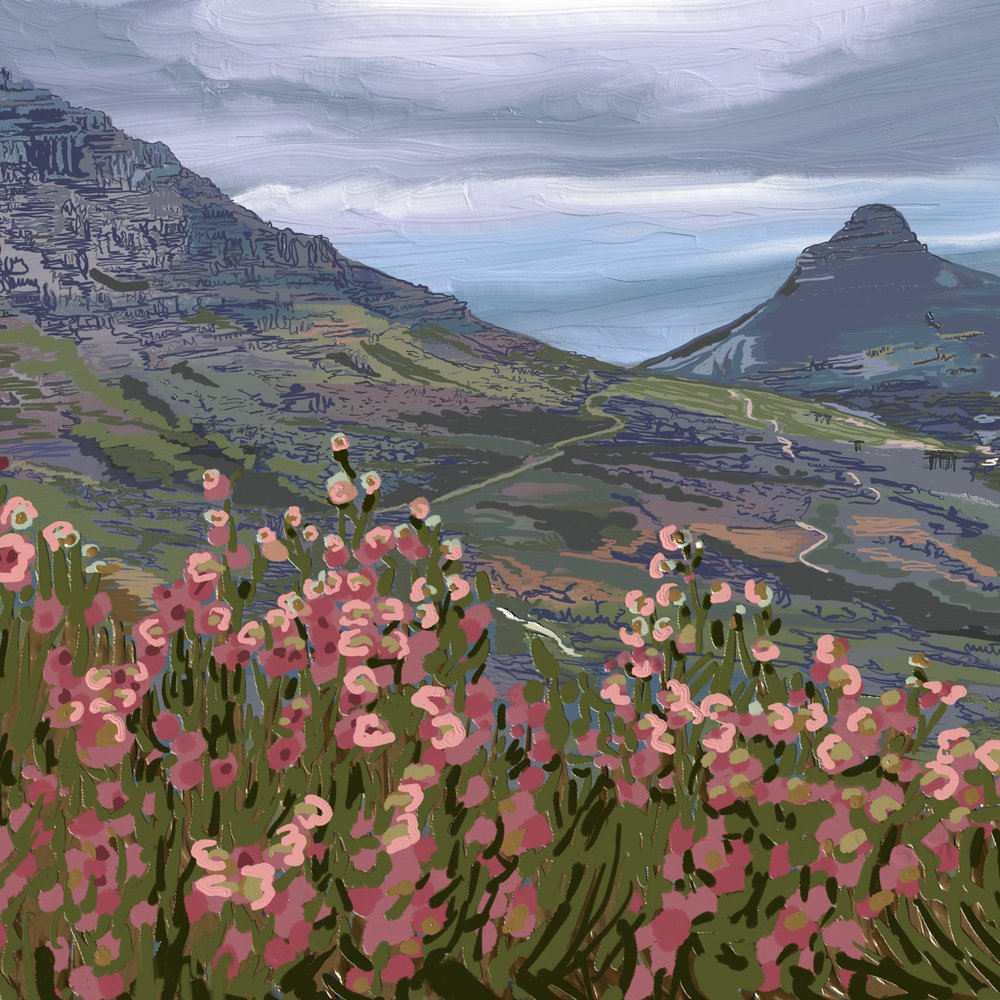 Vista sulle montagne con fiori rosa da Jenna Alheit
