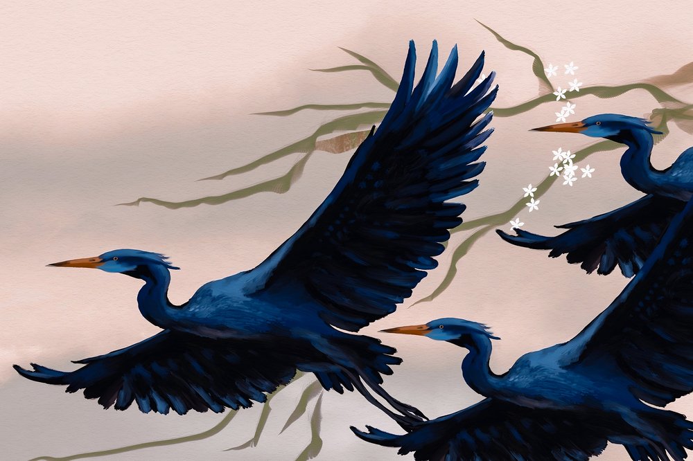 Uccelli blu in volo da Josie George