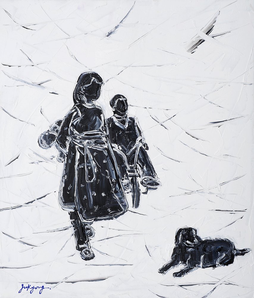 Bambini che portano a spasso il cane da Jukyong Park