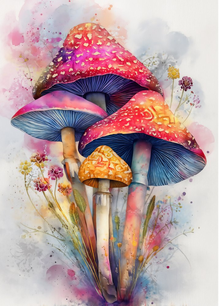 Funghi colorati dipinti ad acquerello da Justyna Jaszke