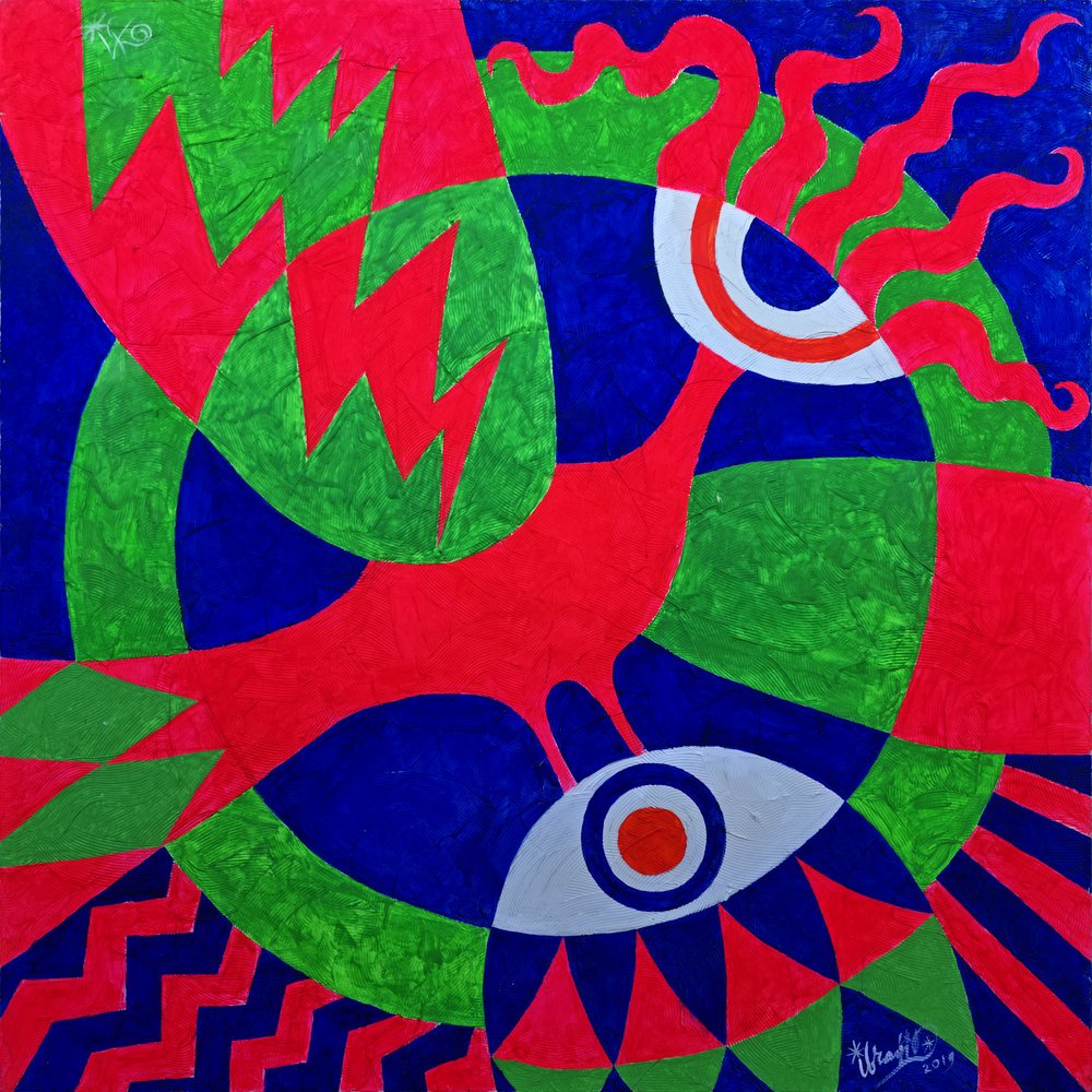 Uccello dai colori vivaci e motivi geometrici da Kanat Ibragimov