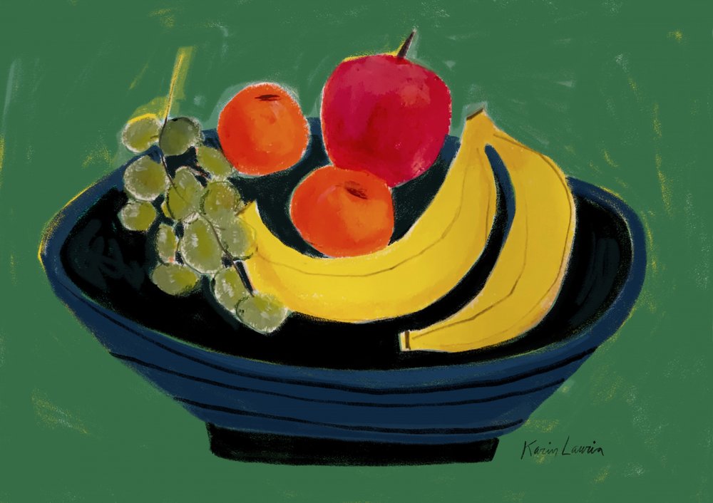 Una vivace natura morta con frutta da Karin Lauria