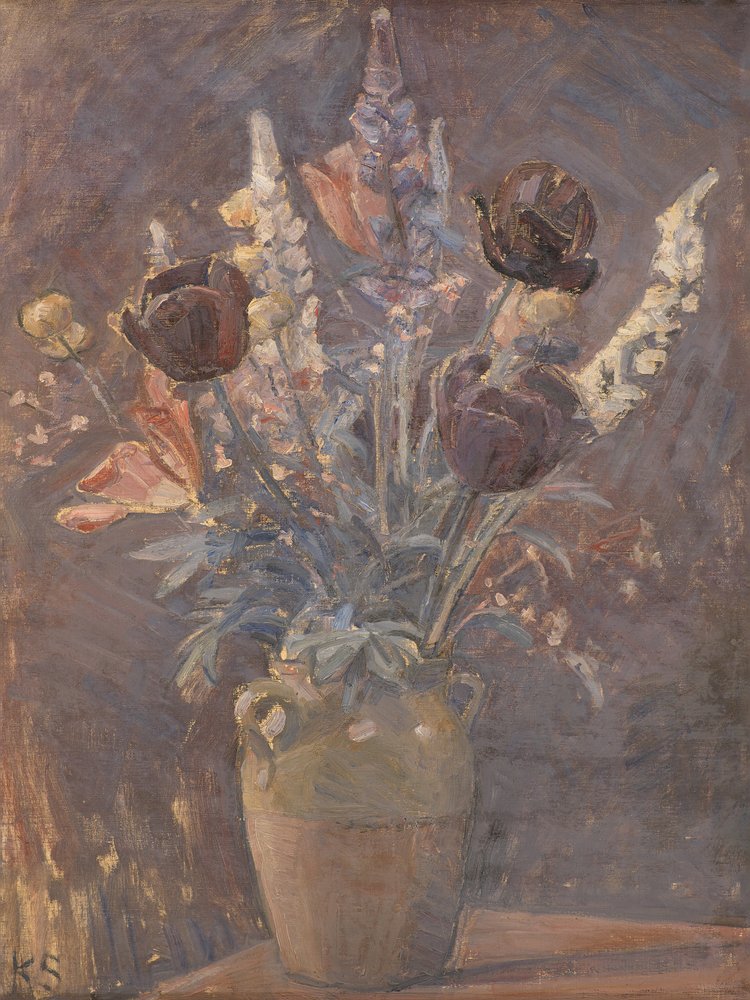 Vaso in terracotta con tulipani e altri fiori di Karl Schou da Karl Schou