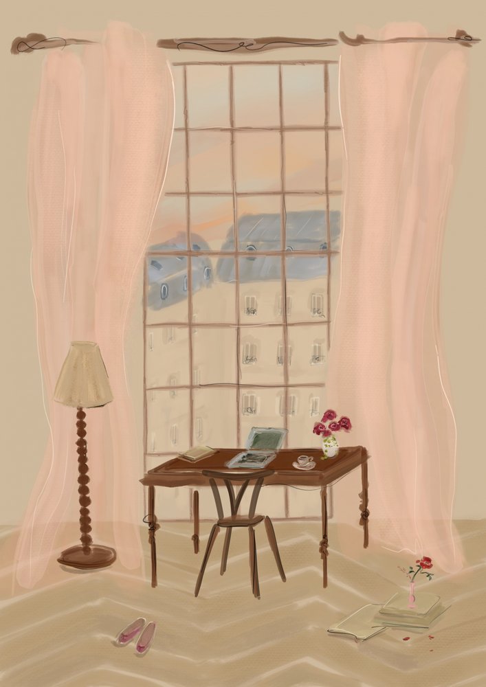 Illustrazione di una vista dalla finestra a Parigi con una scrivania rustica da Katharina Puritscher