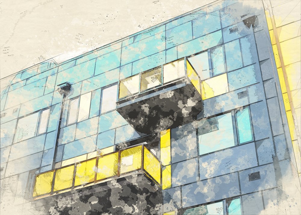 Schizzo di un edificio moderno da Lembayung senja studio [Vintage Poster]
